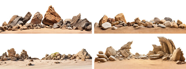 Set of varied rock formations arranged on smooth sand surface, cut out