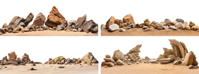 Set of varied rock formations arranged on smooth sand surface, cut out