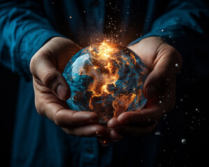 Unity and care rendered in hands holding Earth the backdrop of blue igniting a promise to preserve