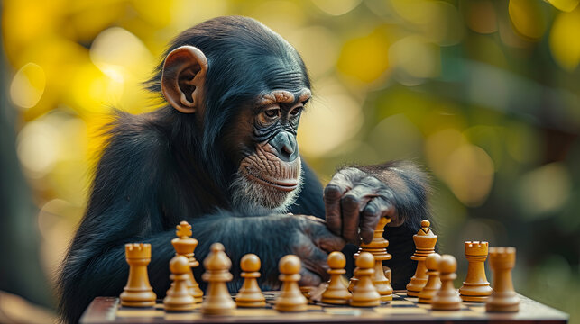 Young chimpanzee monkey plays chess, concept of Animal Intelligence