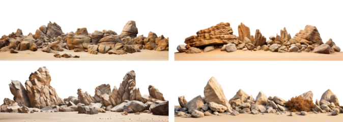 Set of varied rock formations arranged on smooth sand surface, cut out