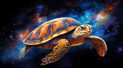 Turtle on cosmic background with space, stars, nebulae, vibrant colors, flames; digital art in fantasy style, featuring astronomy elements, celestial themes, interstellar ambiance - obrazy, fototapety, plakaty