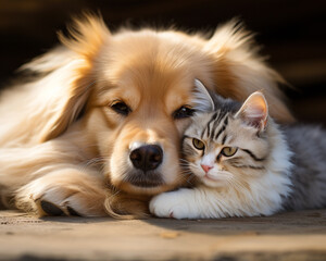 Amidst gentle beige a cat and dog exist in peaceful coexistence a testament to unlikely friendships - obrazy, fototapety, plakaty
