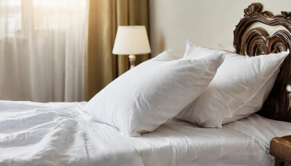 White pillow on bed in bedroom closeup - obrazy, fototapety, plakaty