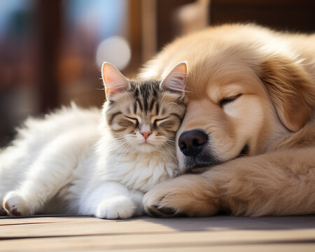 Amidst Gentle Beige A Cat And Dog Exist In Peaceful Coexistence A Testament To Unlikely Friendships