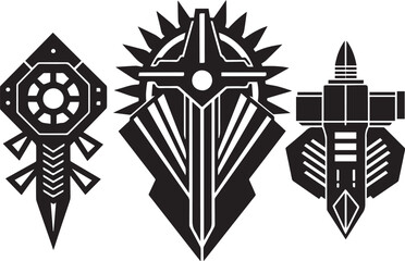 Set Greyscale cyberpunk video game symbol. Hand drawn vector illustration