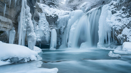 Winter Wonderland Waterfall: Magical Scene with Snow and Ice Creating Frosty Atmosphere