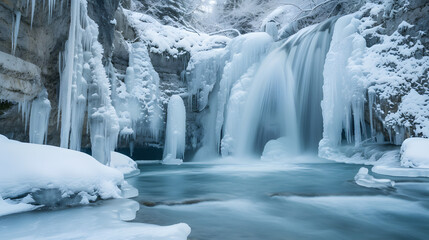 Obraz premium Winter Wonderland Waterfall: Magical Scene with Snow and Ice Creating Frosty Atmosphere