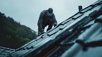 a strong man roofer as he diligently fixes the roof, against a vibrant and warm background of him atop a house, showcasing his skill and dedication to his craft.