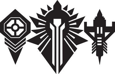 Set Greyscale cyberpunk video game symbol. Hand drawn vector illustration