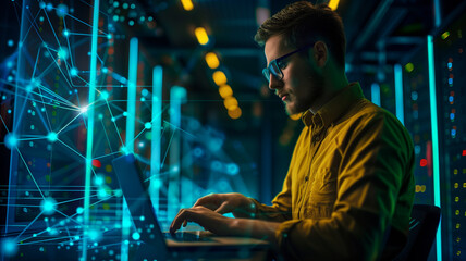 Side view of a Computer technician working with a laptop in the server room.