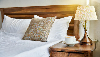 Fototapeta na wymiar White pillow on bed in bedroom closeup