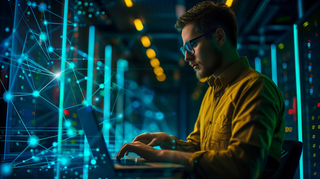 Side view of a Computer technician working with a laptop in the server room. - Powered by Adobe