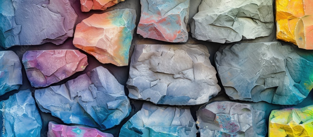 Poster A wall constructed from various rocks in different colors, creating a vibrant and eye-catching display of natural hues and textures.