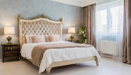 Light, cute and cozy home bedroom interior with unmade bed, plaid and cushions on empty white wall background. 3D rendering.