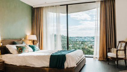 Light, cute and cozy home bedroom interior with unmade bed, plaid and cushions on empty white wall background. 3D rendering.