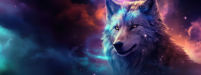 Wolf on cosmic background with space, stars, nebulae, vibrant colors, flames; digital art in fantasy style, featuring astronomy elements, celestial themes, interstellar ambiance - obrazy, fototapety, plakaty