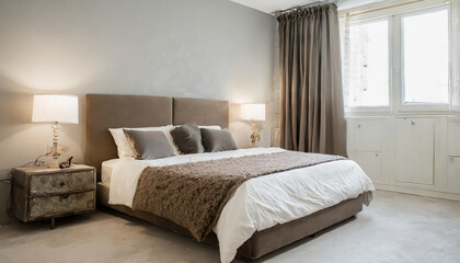 Light, cute and cozy home bedroom interior with unmade bed, plaid and cushions on empty white wall background. 3D rendering.