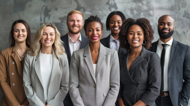 Professional Team of Seven Smiling Colleagues Posing in a Modern Office Environment