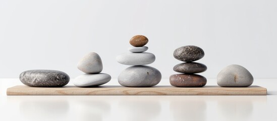 Balanced stack of rocks on rustic wooden board, zen concept for mindfulness and harmony