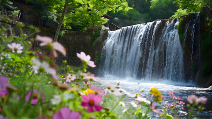 Spring Blossoms by the Waterfall: Captivating Scene with Wildflowers or Cherry Blossoms in Full Bloom