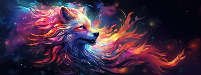 Fotobehang Red fox against cosmic background with space, stars, nebulae, vibrant colors, flames  digital art in fantasy style, featuring astronomy elements, celestial themes, interstellar ambiance © Shaman4ik