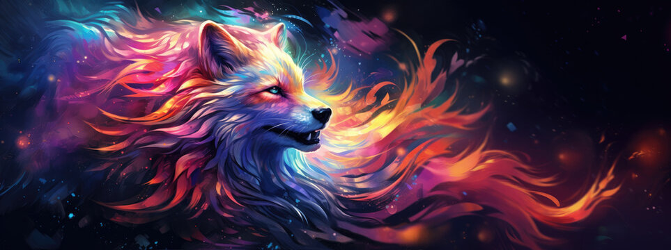 Red fox against cosmic background with space, stars, nebulae, vibrant colors, flames; digital art in fantasy style, featuring astronomy elements, celestial themes, interstellar ambiance