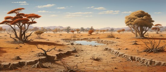 A painting depicting a desert scene with sparse trees and a small body of water, showcasing life emerging in an arid and degraded landscape due to water scarcity, global warming, and environmental - obrazy, fototapety, plakaty