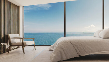 Fototapeta na wymiar Minimalist bedroom background take view sea -3D render