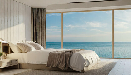 Minimalist bedroom background take view sea -3D render