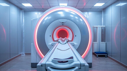 An MRI machine with red lighting in a modern clinic setting. Ai generative