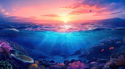 Fototapeten Long banner with underwater world and vivid sunset sky. Transparent deep water of the ocean or sea with rocks, fish and plants. AI Generated. © Gosgrapher