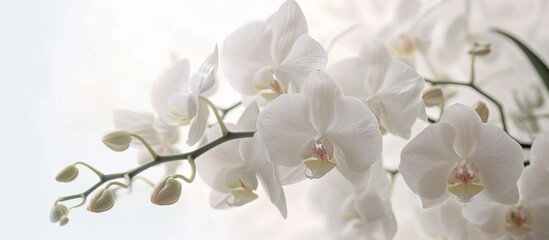 Elegant white orchids arrangement in a glass vase on light neutral background