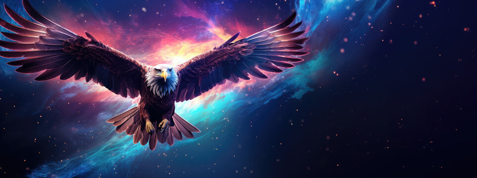Eagle soars with outstretched wings against dynamic cosmic backdrop, feathers echoing the colors of nebulae, stars, and the ethereal beauty of space.