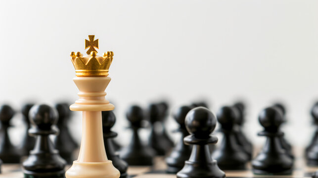 A white chess king stands tall in focus with a golden crown, while black pawns are blurred in the background. Ai generative