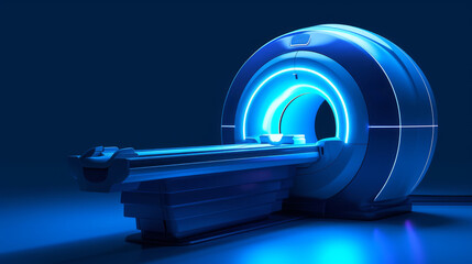 An image showing a modern MRI machine with blue lighting, typically found in a hospital's radiology department. Ai generative - obrazy, fototapety, plakaty