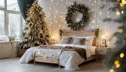 Romantic bedroom in light colors with a lot of garland lights decorated for New Year Celebrating....