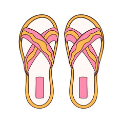 Slipper with wave stripes yellow and pink color icon in flat style. Flip-flop female shoes for beach outline symbol. Vector illustration isolated on a white background.