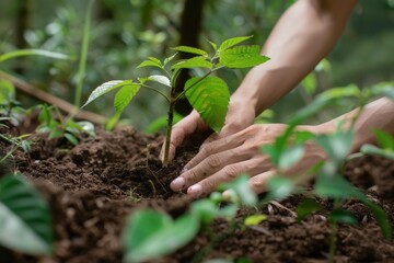 Hands planting a tree sapling sprout into the soil, Earth Day, close up