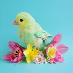 Cute little colourful chicks with spring flowers. Easter theme. 