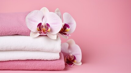Obraz na płótnie Canvas A Beautiful Orchid Enhancing the Calm of Folded Spa Towels on pink background