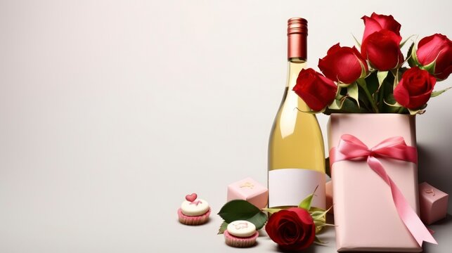 A Valentine's Day Background with Roses, Wine, and Heartfelt Gifts