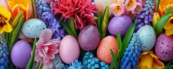 Fototapeta na wymiar A Vibrant Spring Awakening: Easter Eggs Mysteriously Hidden Amongst a Burst of Colorful Spring Flowers