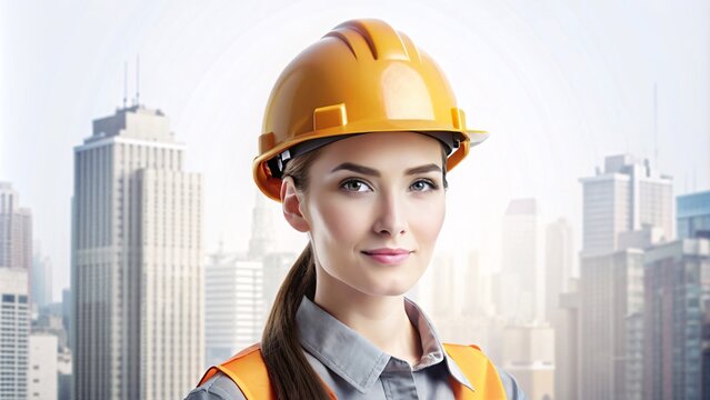 Portrait of young woman engineer in helmet against modern city background