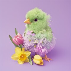 Cute little colourful chicks with spring flowers. Easter theme. 