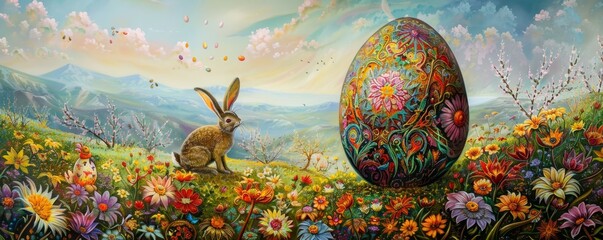A Whimsical Easter Scene: A Delightful Bunny Artist Meticulously Painting Intricate Patterns on a Giant Egg Amidst a Blossoming Spring Meadow - obrazy, fototapety, plakaty