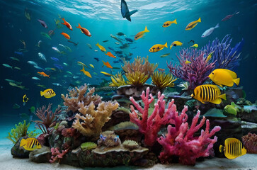 Underwater coral reef landscape with colorful fish. The concept of Earth Day.