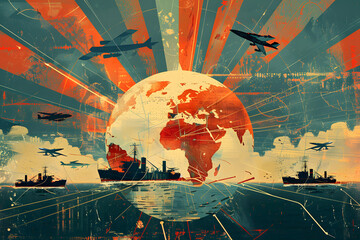 Vintage Global Conflict Colorful Illustration - obrazy, fototapety, plakaty