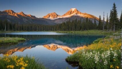 Obraz premium Tranquil mountain lake reflecting a sunset sky with snow-capped peaks and a foreground of wildflowers