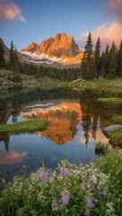 Tranquil mountain lake reflecting a sunset sky with snow-capped peaks and a foreground of wildflowers